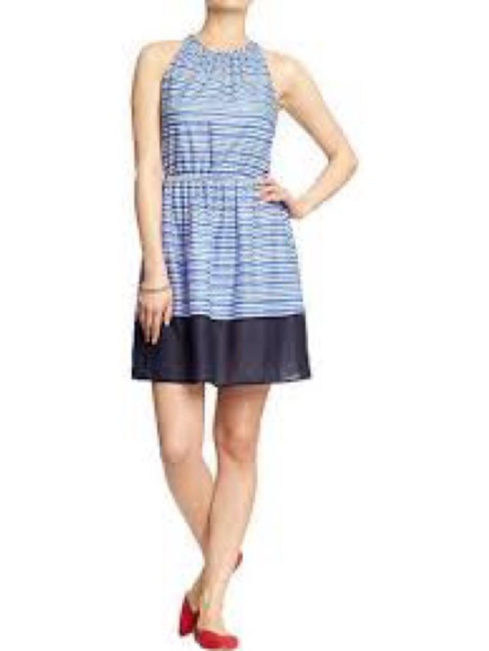 Old Navy Sleeveless Blue Striped Dress with Navy Hem